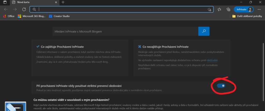 Prohlížeč Microsoft Edge - prevence sledování v režimu InPrivate